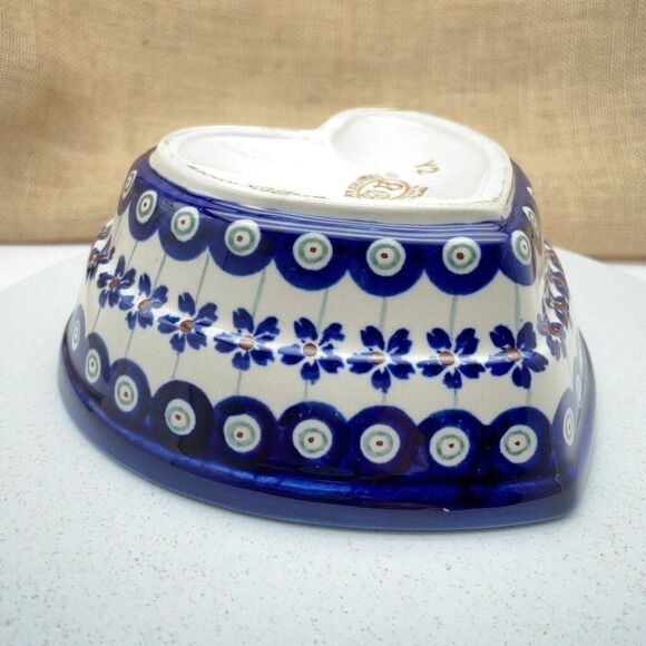 Boleslawiec Pottery Heart Shaped Bowl 6" Peacock Eye Flowers Dish Made in Poland - Picture 9 of 15